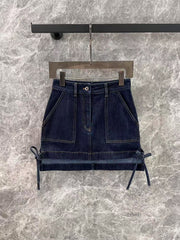 Denim with pocket leather patch + skirt