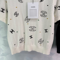 Embroidered letter knitted short sleeves