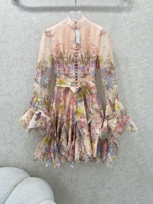 Irregular printed long-sleeved dress