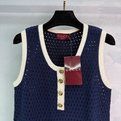 Contrast color hollow knitted vest dress