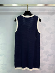 Contrast color hollow knitted vest dress
