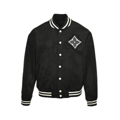 Hot rhinestoned four-leaf clover logo suede baseball jacket